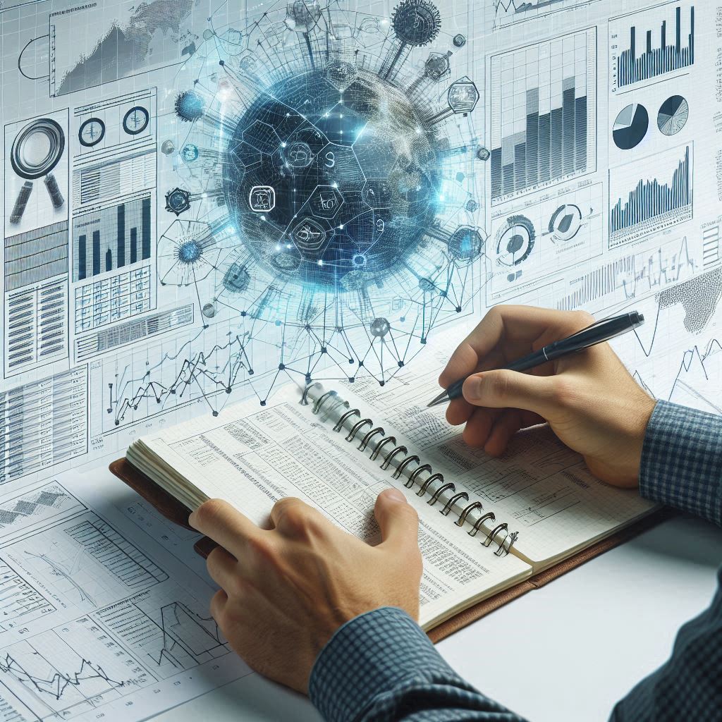 A man uses a notebook to record multiple complex research papers.