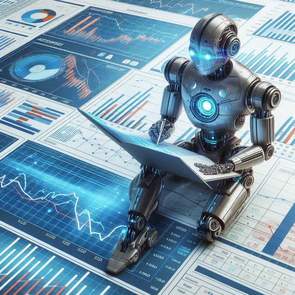 A robot analysis an annual report. 4k High quility, technical style. Without any text on it. white background with stock technical chart